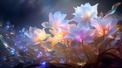 Digital technology glass crystal flowers fantasy scene abstract graphic poster web page PPT background