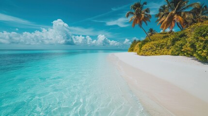 Wall Mural - A white sandy beach stretching into the distance, framed by turquoise waters and emerald palm trees.