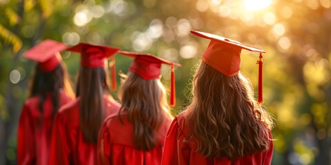 Graduates wearing graduation caps, rear view