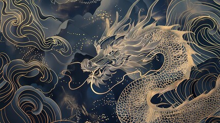 Wall Mural - Traditional golden lines chinese dragon illustration poster background