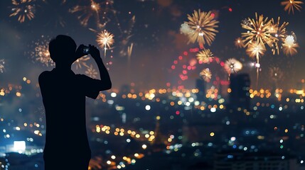 Poster - Generative AI : The silhouette of reporter photograph the Fantastic festive new years colorful fireworks 