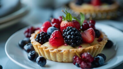 Poster - Plateful of assorted berries on a wooden table