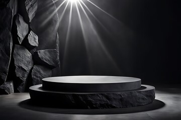 Black stone podium with sun shadow for product display in Rock shape background