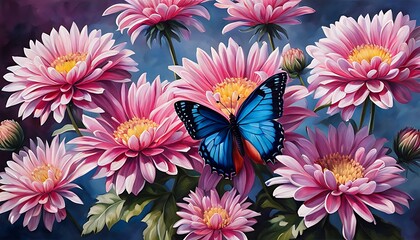 blue tropical butterflies on chrysanthemum flowers painted with oil paints