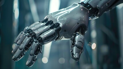 Poster - Futuristic robotic hand technology concept - A detailed robotic hand with intricate mechanical parts, symbolizing the advancement and possibilities of prosthetics and AI technology