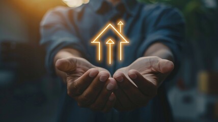 Poster - Man holding glowing upward arrows - A man in a blue shirt holds his hands as if cradling something, with glowing arrows signifying growth, progress, or success conceptually emanating from them