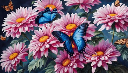 blue tropical butterflies on chrysanthemum flowers painted with oil paints