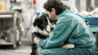 In a busy animal hospital a vet kneels down to comfort a dog who is recovering from . Despite the chaos around them the vets focus is solely on the patient their kind expression providing .