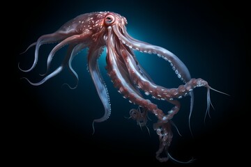 Elusive giant squid emerging from the dark depths of the ocean, isolated on white solid background