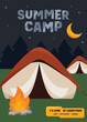 Summer camping poster template design at night decorative with tent, bonfire, mountain view flat design