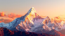 Snowcapped Mountains, Golden Light Shining On The Top Peak, Sunrise. The Background Is A Clear Sky With A Hint Of Orange Glow Behind The Mountain Peaks. For Skincare, Beauty, E-commerce, Cover, Poster