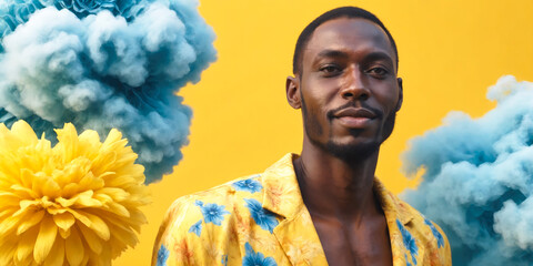 AI generated portrait of a beautiful young isolated African man in a yellow abstract setting with blue smokes 
