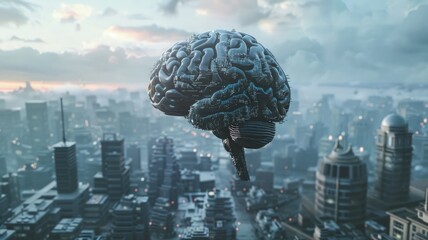 Poster - Futuristic Brain Floating Over a Cityscape - An imaginative concept of a mechanical brain levitating over a dystopian city sprawl symbolizing advanced intelligence