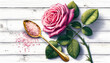Golden spoon with rose salt and pink rose on white wooden background. Top view