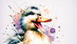 Colorful watercolor painting of a cute laughing duck, textured white paper background, vibrant paint splashes