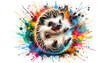 Colourful watercolor painting of a cute laughing hedgehog, textured white paper background, bold splashes of color