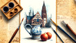 Watercolor illustration with Frankfurt Bembels and apples against the background of the abstract cathedral of Frankfurt am Main with italic text background on antique paper