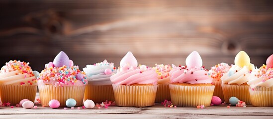 Poster - A close-up view of a line of cupcakes topped with colorful frosting and sprinkles