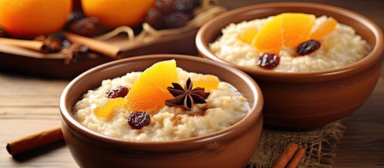 Canvas Print - Bowls filled with nutritious oatmeal topped with slices of fresh oranges and a sprinkle of fragrant cinnamon arranged on a wooden table