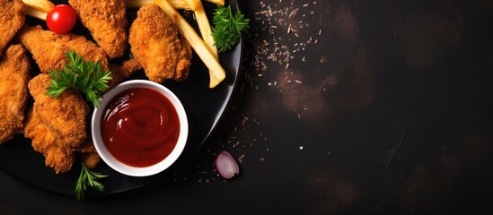 Poster - Close-up of a delicious dish featuring crispy chicken strips with golden French fries, served on a plate with ketchup