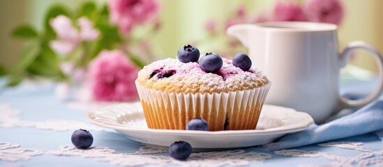 Sticker - Delicious cupcake topped with fresh blueberries on a plate placed next to a cup of aromatic coffee