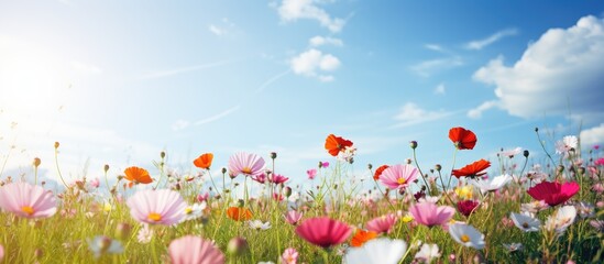 Poster - Vibrant array of blooming flowers set against a clear blue sky with fluffy clouds in the background