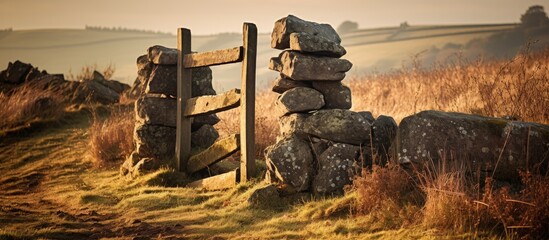 Gate surrounded by stone wall in a rustic field setting with rural landscape in the background