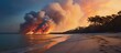 A fiery blaze and billowing smoke on the sandy beach create a dramatic scene
