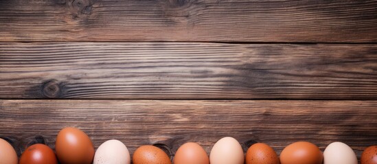 Sticker - Arranged eggs in a neat row on top of a rustic wooden table or countertop