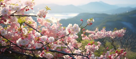 Wall Mural - Blooming pink flowers adorn a tree nestled in the mountainous terrain