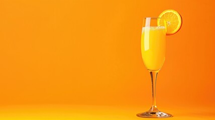 Glass of orange juice with slice on background