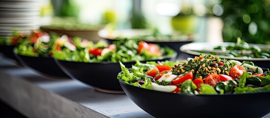 Wall Mural - Bowls filled with various salads arranged neatly on a table alongside plates