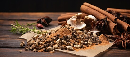 Wall Mural - Assorted spices piled up on a wooden table, showcasing a mix of flavors and colors for cooking