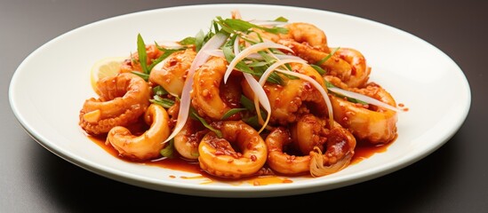 Poster - Delicious food plated with freshly cooked shrimp and sautÃ©ed onions, a mouth-watering combination.