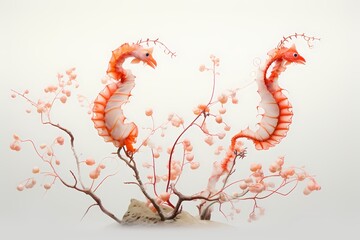 Wall Mural - Tiny seahorses clinging to vibrant coral branches in a miniature underwater forest, isolated on white solid background