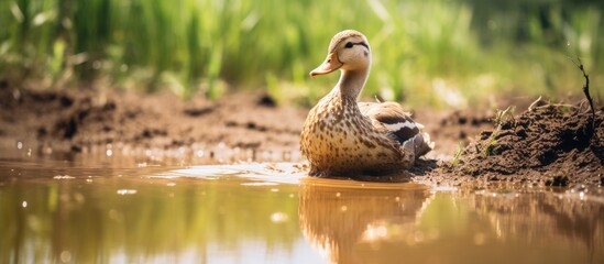 Wall Mural - In the serene setting of a peaceful pond, a duck calmly rests in the glittering water amidst floating lily pads.