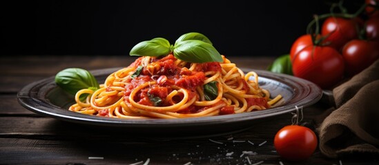 Poster - Plate of pasta covered in fresh tomatoes and fragrant basil leaves, captured in a detailed close-up shot.