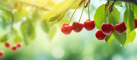 Canvas Print - Many ripe cherries dangle from a lush tree adorned with vibrant green leaves, creating a picturesque scene of nature's beauty