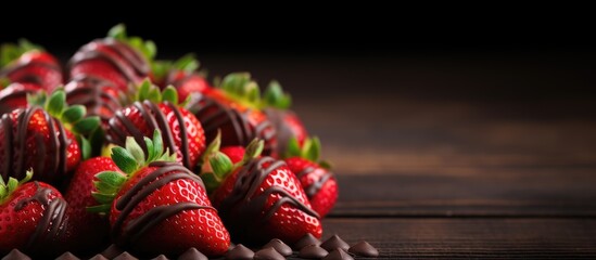 Wall Mural - Fresh strawberries dipped in chocolate arranged on a rustic wooden table ready to be enjoyed