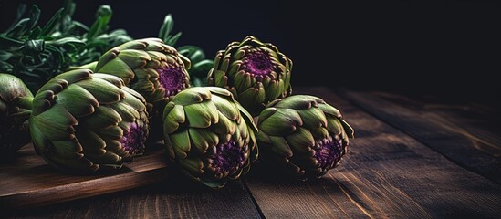 Poster - Fresh artichokes arranged neatly on a wooden cutting board placed on a table