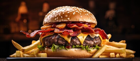 Canvas Print - Close-up of a delicious hamburger topped with crispy bacon and melted cheese, served on a plate