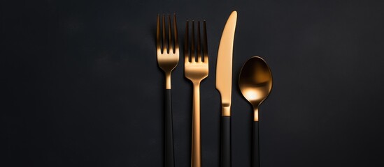 Wall Mural - Forks and a spoon arranged on a sleek black tabletop, creating a minimalist dining setting