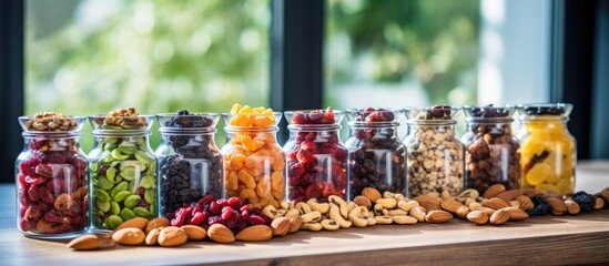 Sticker - Assorted selection of nuts and fruits close up on a tabletop