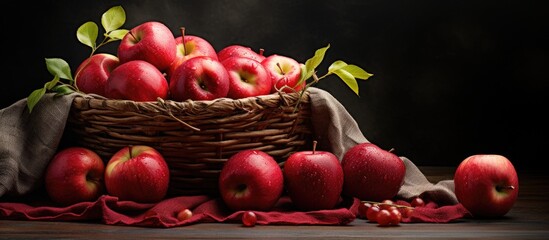 Canvas Print - Fresh red apples nestled in a traditional woven basket with green leaves, placed on a wooden table covered with a cloth