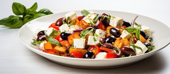 Poster - Bowl filled with a mixture of fresh salad elements like ripe red tomatoes, green olives, and crumbled feta cheese