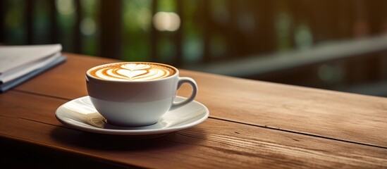 Wall Mural - Placed on the table, a cup of coffee sits on a saucer.