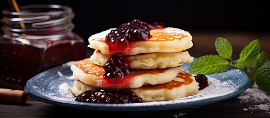 Canvas Print - Fluffy pancakes served on a plate and topped with a delicious blueberry sauce and fresh mint leaves