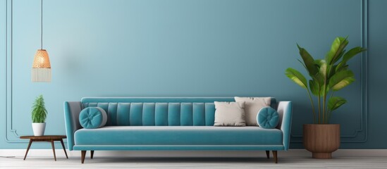 Sticker - Blue couch positioned in a living room setting next to a potted plant, creating a cozy atmosphere