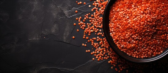 Poster - Bowl containing red lentils placed on a black background, creating a striking visual contrast