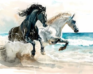 portrait Oil painting features two majestic  horses galloping  on the beach luxury vintage moody farmhouse wall art, digital art print, wallpaper, background